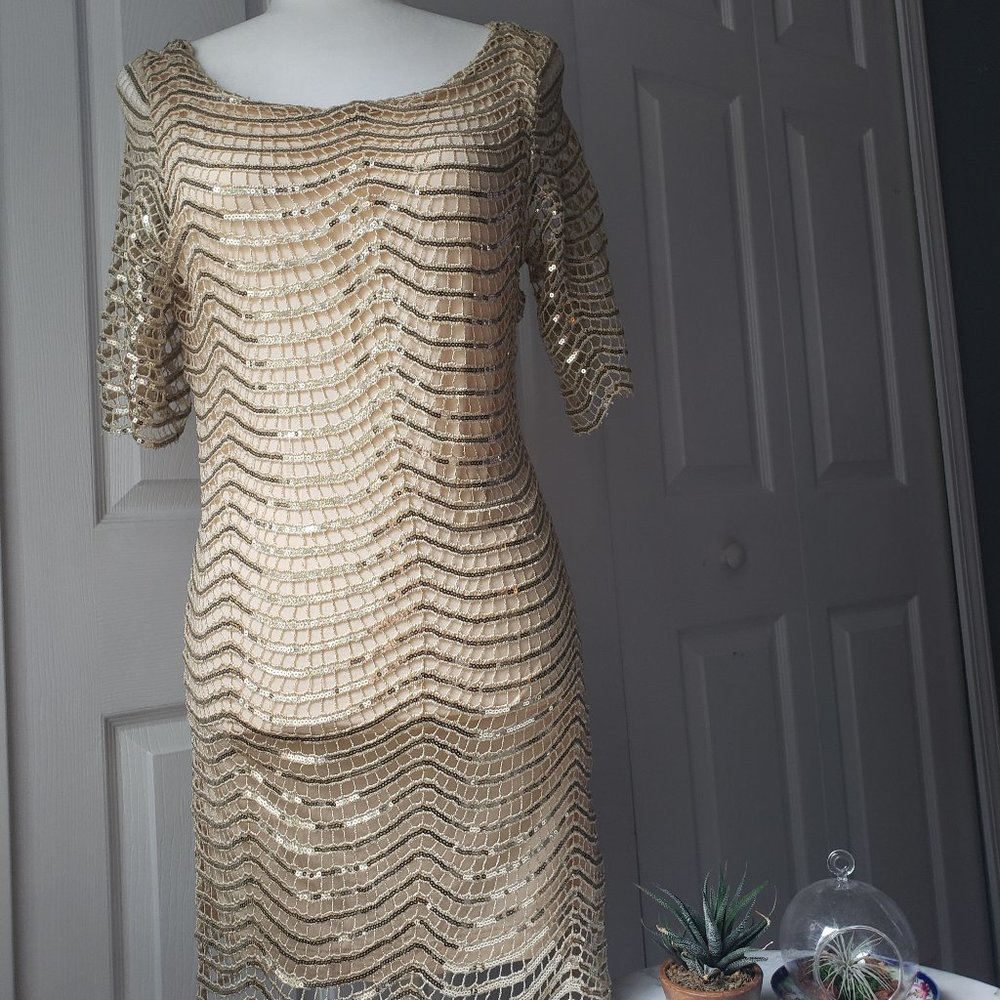 Gold Sequin Party Mini Dress scallop hem